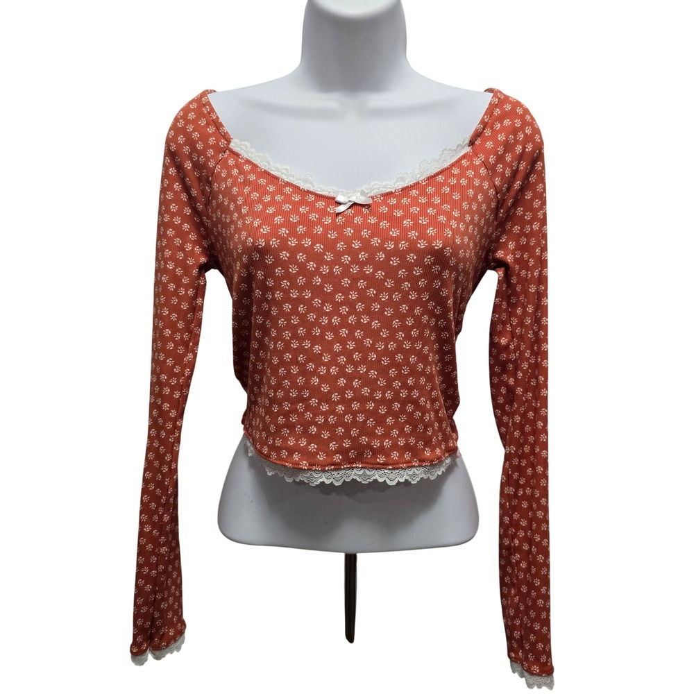 Urban Renewal Women Ditsy Print Floral Ribbed Lace Trim Cropped Top Small